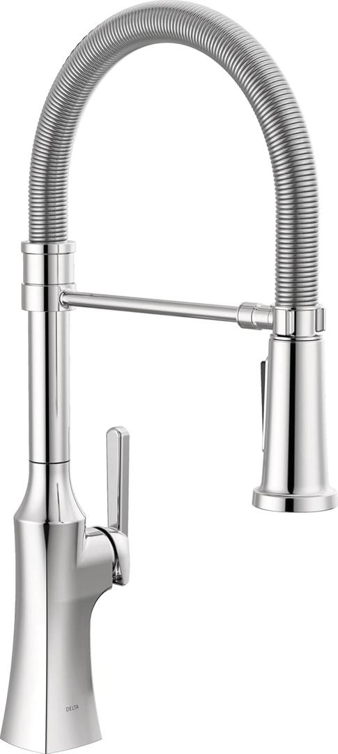 Delta Ermelo Pro Style Commercial Kitchen Faucet with Pull Down Sprayer, Chrome Single Hole Kitchen Sink Faucet, Single Handle, Chrome 18887-DST