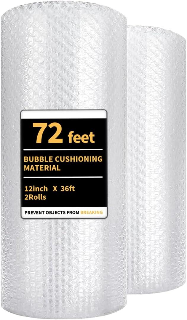 Bubble Cushioning Wrap 2 Pack 12 Inch x 72 ft Total Bubble Wrap for Packing，Moving Boxes and Shipping for Your Business，Perforated Every 12 in.Suitable for Filling Packaging Boxes.