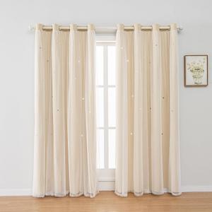 1 Panel Star Blackout Curtains for Kid Girls Bedroom Living Room Darking Stripe Double Layer Star Cut Out Wall Home Decor Gradient Grommet Window Curtains (Beige 95L)
