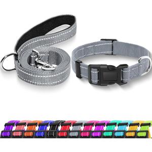Reflective Dog Collar with Locking Buckle, Adjustable Soft Breathable Nylon Collars for Small, Medium and Large Dogs(Collar+Leash XS Width 5/8" Gray)