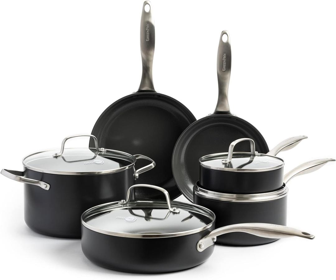 GreenPan Canterbury Hard Anodized Healthy Ceramic Nonstick, 10 Piece Cookware Pots and Pans Set, PFAS-Free, Dishwasher Safe, Oven Safe, Black