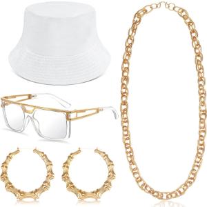 Sintege 80s 90s Outfits Accessories for Men Women Hip Hop Costume Kit,Rapper Outfits Hip Hop Jewelry Set for Women Men (White)