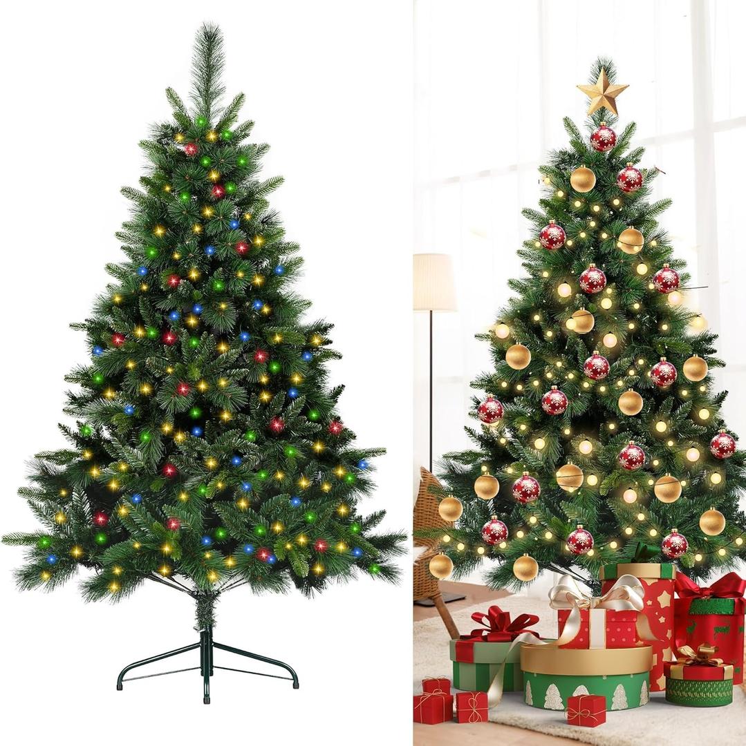 6.5Ft Prelit Classic Spruce Artificial Christmas Tree with LED Lights, PVC Needle Foliage, 'Feel Real' Artificial Full Christmas Tree with Timed Remote Control and Foot Switch Device, Christmas Decor