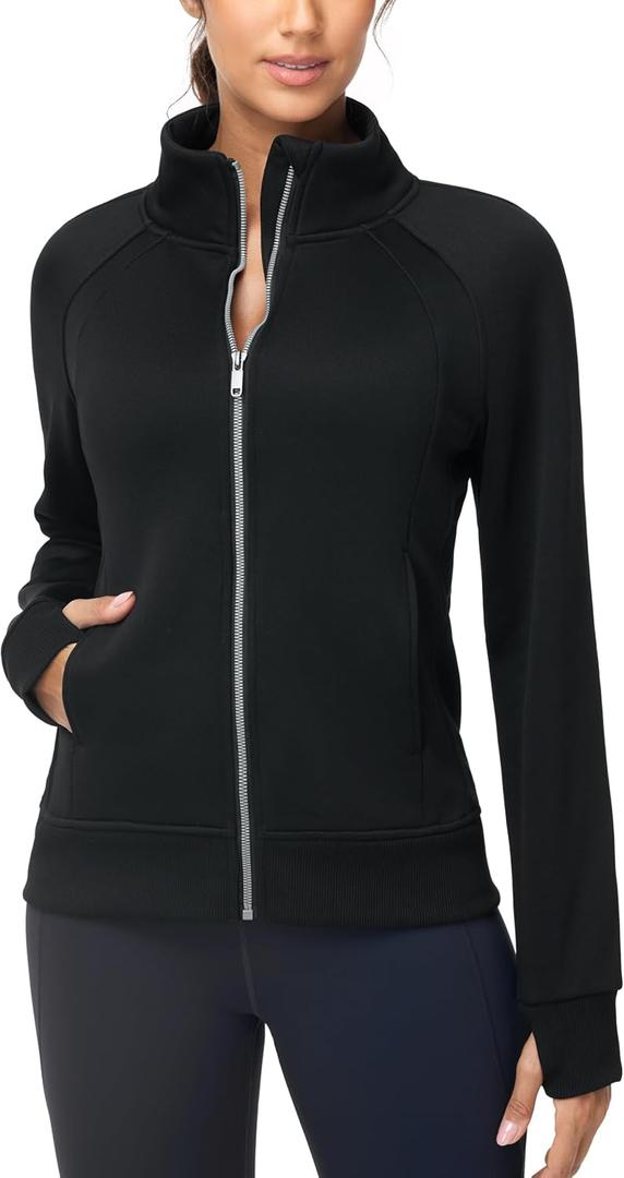 THE GYM PEOPLE Women's Full Zip Up Workout Sweatshirts Fleece Stand Collar Fall Jackets with Pockets Thumb Hole (Black, Small)
