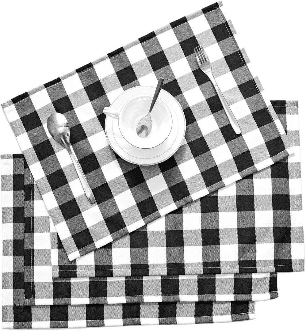 Nobildonna 18"x13" Plaid Checkered Placemats,Black & White Checker, Quality Thin and Long-Lasting Placemats for Dining Table Set of 4 (Black & White)