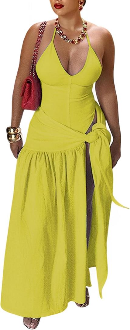 Womens Summer 2 Piece Maxi Skirt Sets Sexy Halter V Neck Backless Thong Bodysuits Wrap Beach Cover Ups Vacation Outfits (XX-Large, Yellow)