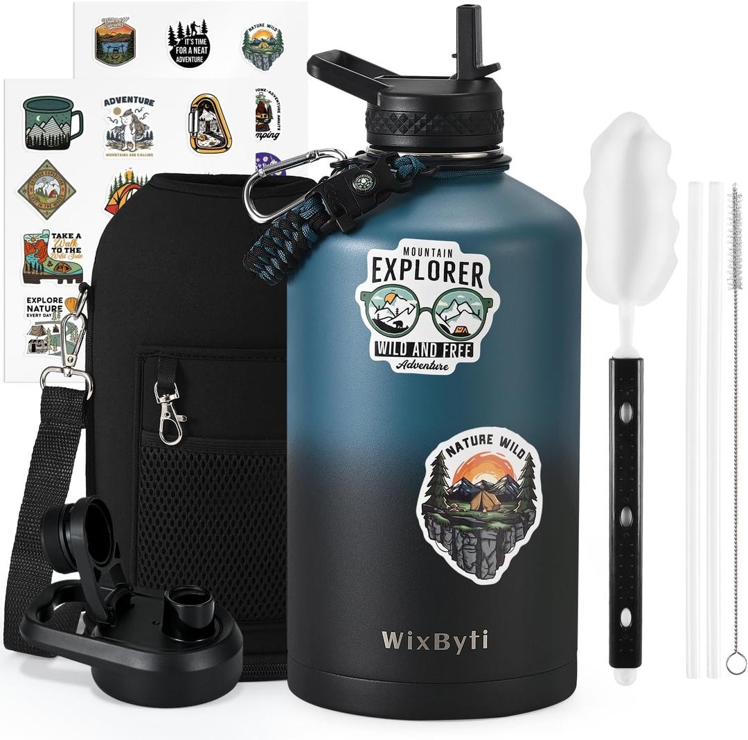 WixByti One Gallon Water Bottle Insulated with DIY Stickers, Triple Wall Vacuum Cold for 48 Hrs Leak-proof Non-BPA, 128oz Large Sports Stainless Steel Water Jug with Paracord Handle Straw Spout Lids