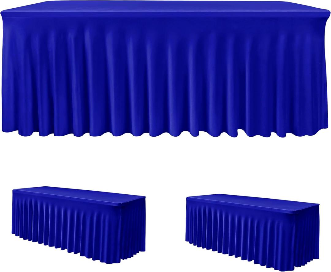 HolidayIdeas Royal Blue 8ft Rectangle Spandex Tablecloth 2 Pack Fitted Stretch Table Skirts 30x96 Inch, Ruffle Design Wrinkle-Free Polyester Table Cover for Banquets,Trade Shows, Parties, Events