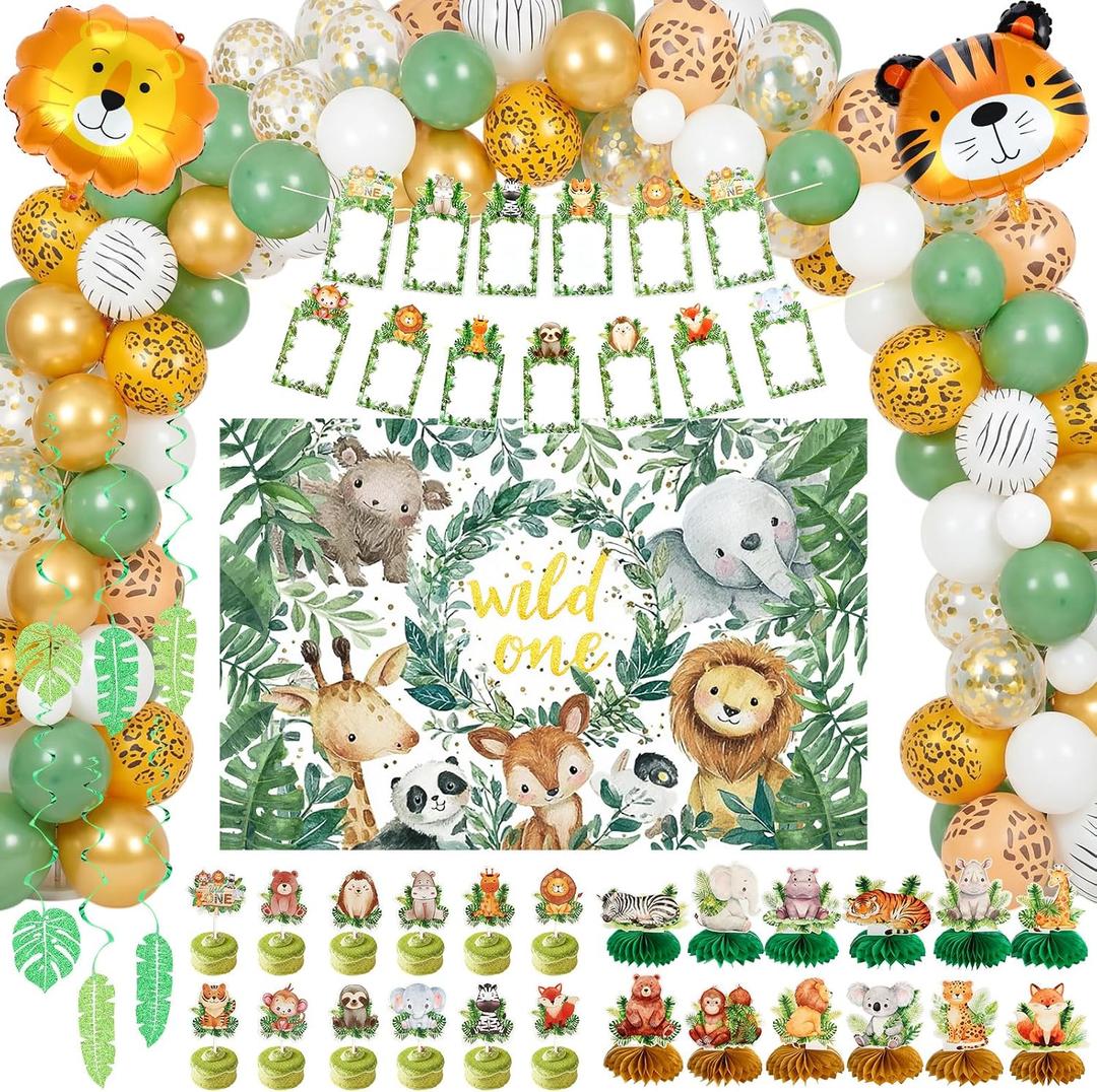 Chengu 119 Pcs Wild One Birthday Decorations Boy Safari Jungle Theme 1st Birthday Party Supplies include Backdrop, Balloon Arch, Cake Topper, Honeycomb, Banner for Jungle Safari First Party