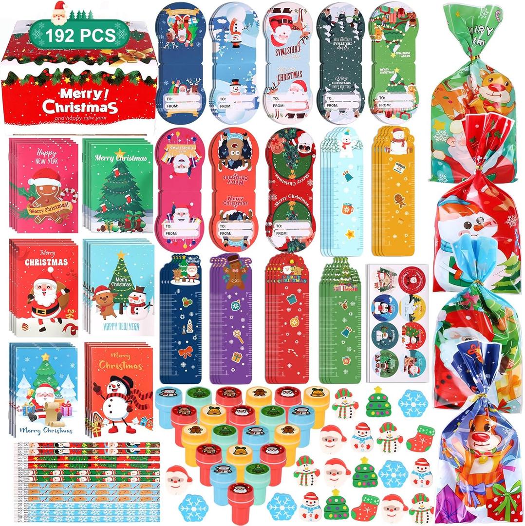 192PCS Christmas Party Favors for Kids-24 Pack School Stationery, Bulk Goodie Bag Stuffers, Christmas-Themed Classroom Gift Exchange School Games Prizes