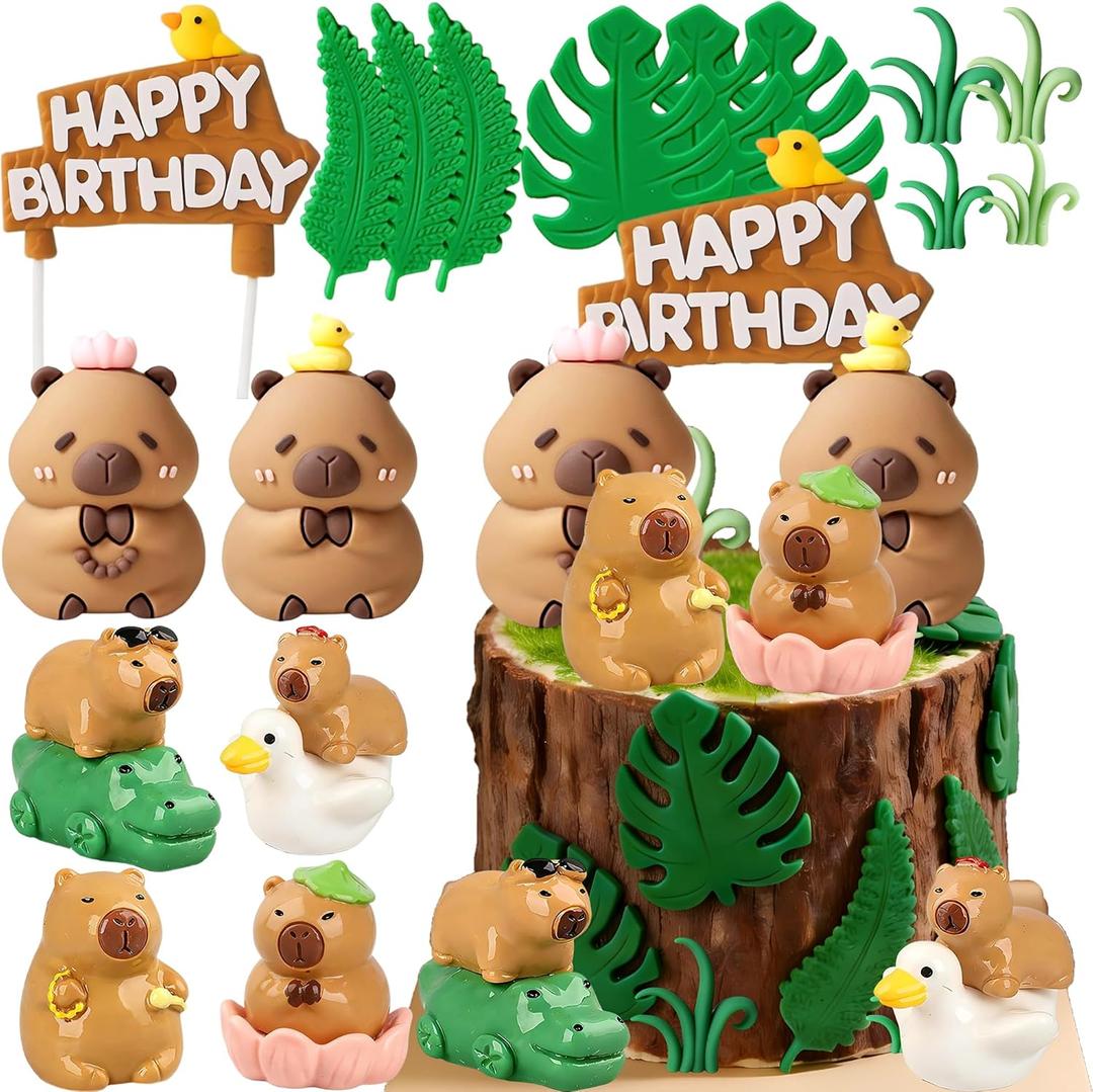 Capybara Cake Topper Capybara Figurine Birthday Cake Decorations with Duck Cake Topper for Capybara BabyShower Birthday Party Supplies (green)