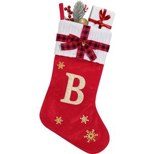 Hying Christmas Stockings Xmas Custom Monogram Stockings Large Winter Snowflake Stocking with Initials Red Velvet Gift Stockings for Home Hanging Ornaments Christmas Party Favor (Letter B)