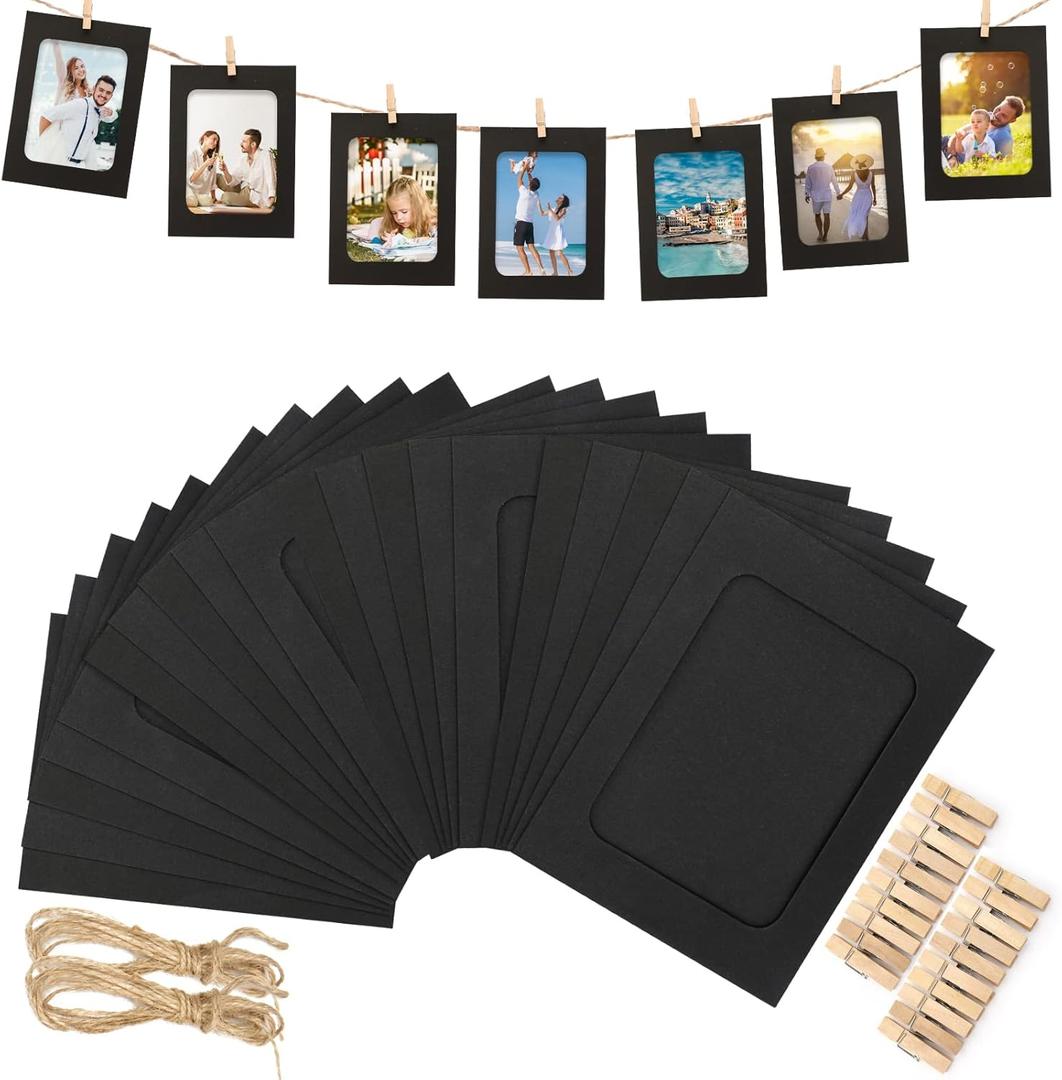 jijAcraft 20Pcs Paper Photo Frames, 4x6Inch Black Picture Display Holders, Graduation Cardborad Picture Frames with String and Clips, DIY Photo Hanging Banner for Home, Classroom, Offices
