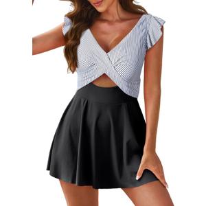 Aleumdr Women's One Piece Swimsuit Ruffle Cutout Swimdress Tummy Control V Neck Wrap Swimwear (Black, L)