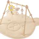 4-in-1 Wooden Baby Play Gym & Activity Mat, Soft Cotton Tummy Time Mat for Babies 0+,with 3 Detachable Toys for Sensory & Motor Skill Development,Newborn Infant Baby Essentials Gift,Bear (Brown)