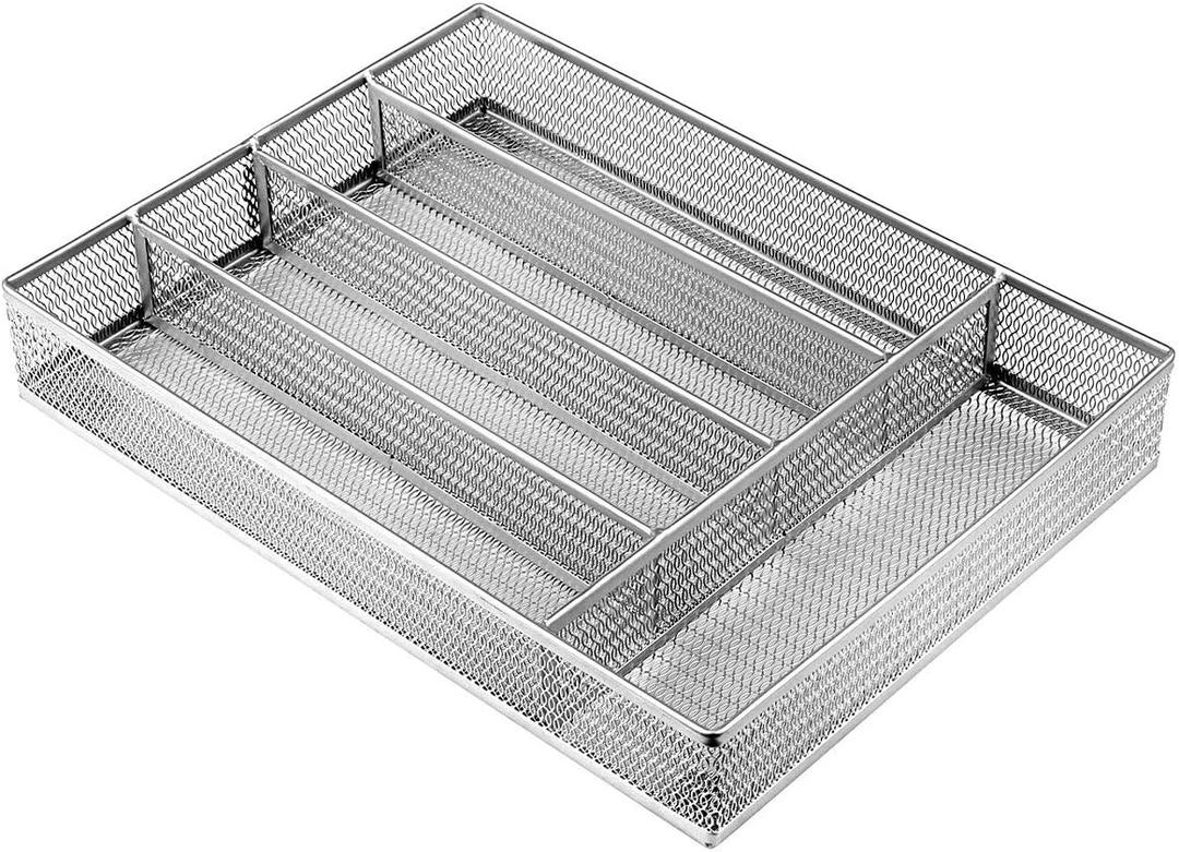 JANE EYRE Drawer Organizer, Cutlery Tray Silverware Flatware Storage Divider for Kitchen, Mesh Wire with Non-slip Foam Feet, 5 Component, Silver