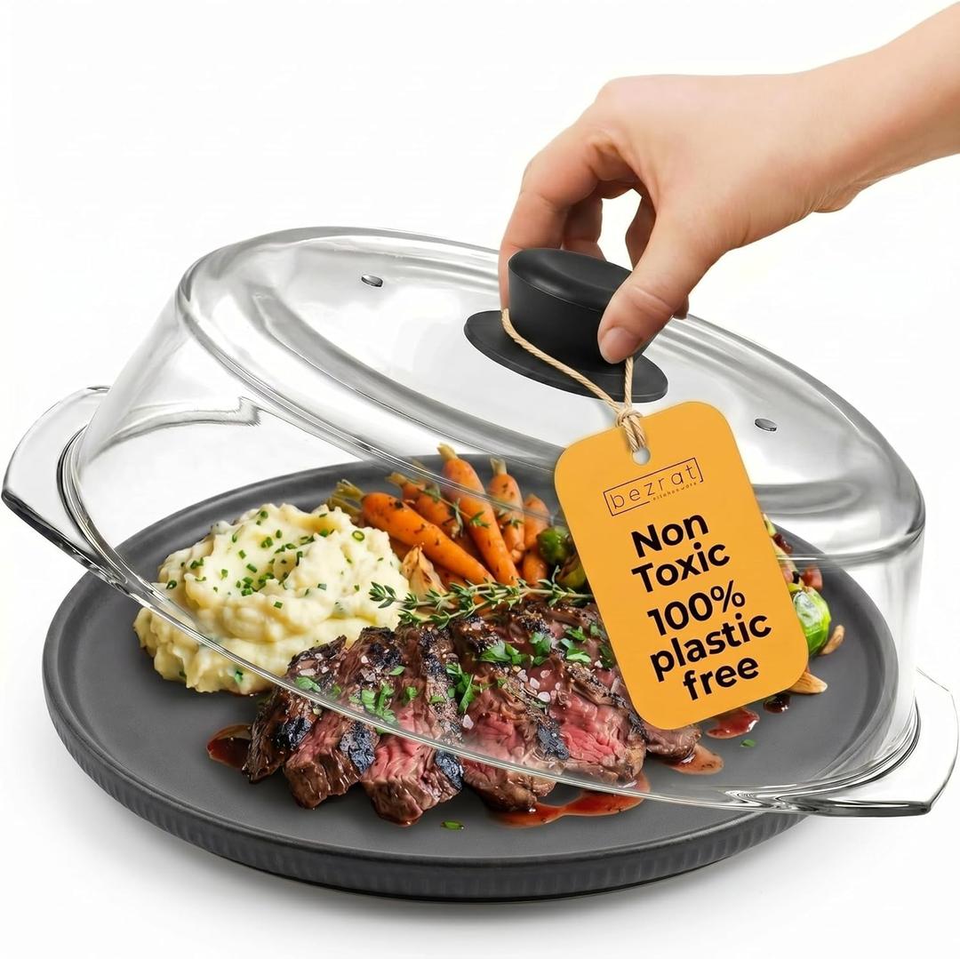 Bezrat Microwave Tall Glass Plate Cover | Splatter Guard Lid with Easy Grip Silicone Handle Knob | 100% Food Grade | BPA Free and Dishwasher Safe | 10 Inch (Black-)
