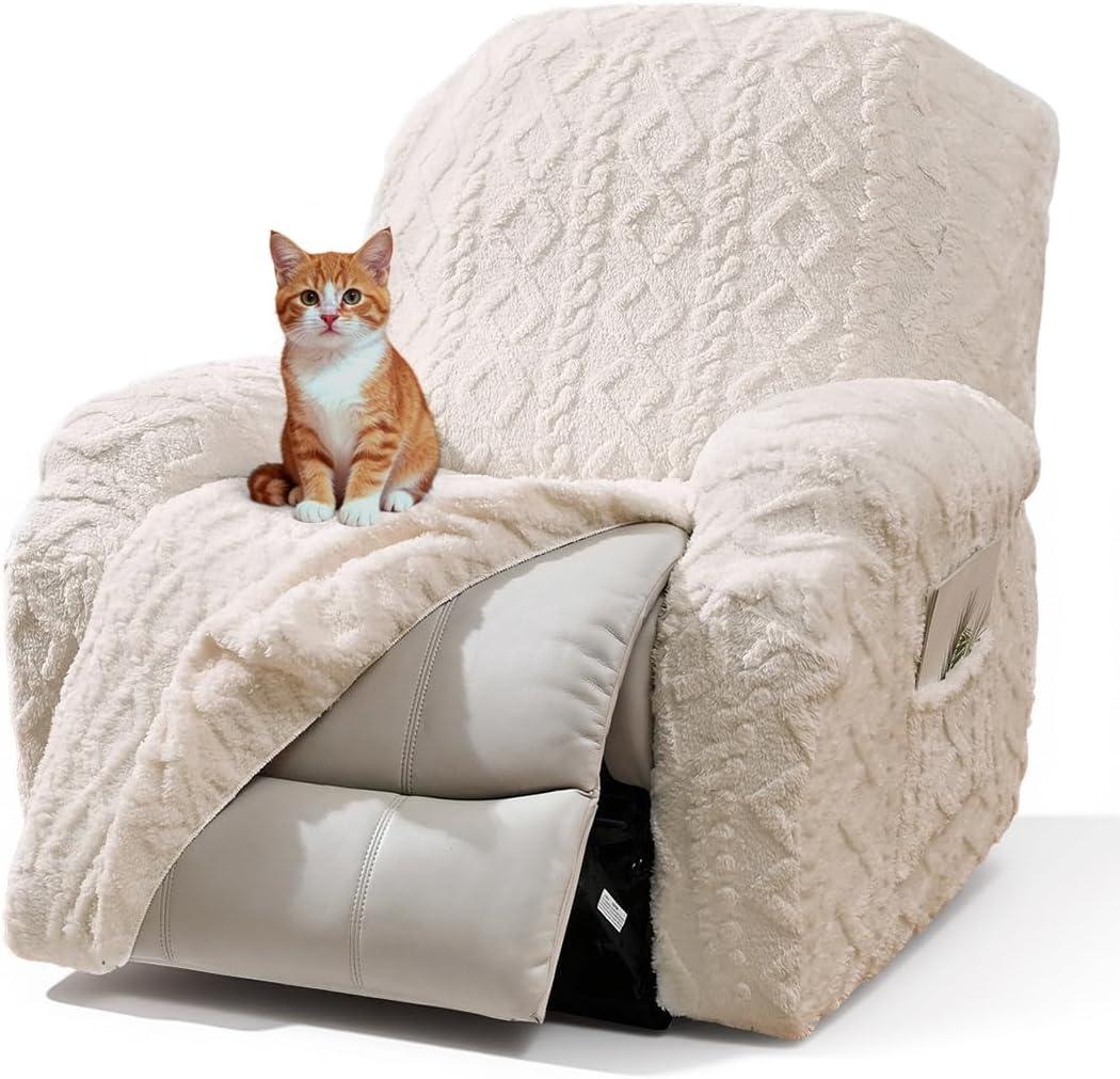 Vctops 4 Pieces Recliner Chair Covers, Geometric Jacquard Plush Recliner Slipcovers Soft Fuzzy Sofa Couch Cover Anti-Slip Furniture Protector with Elastic Bottom for Kids Cats Dogs (Cream,1 Seat)