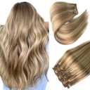 Golden Blonde Balayage Highlights Clip in Hair Extensions - Real Human Hair, 7pcs 70G, 22 Inch Double Wefts