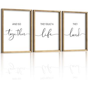Houmury Framed Set of 3 And So Together They Built A Life They Loved Above Bed Wall Decor Wall Art for Farmhouse Home Bedroom Kitchen Living Room Wood Signs (Brown,12"x16")