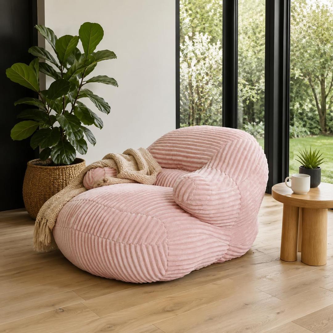 Bean Bag Chair, Corduroy, Ergonomic Support, Modern Style, Adult Size, Living Room (Pink)