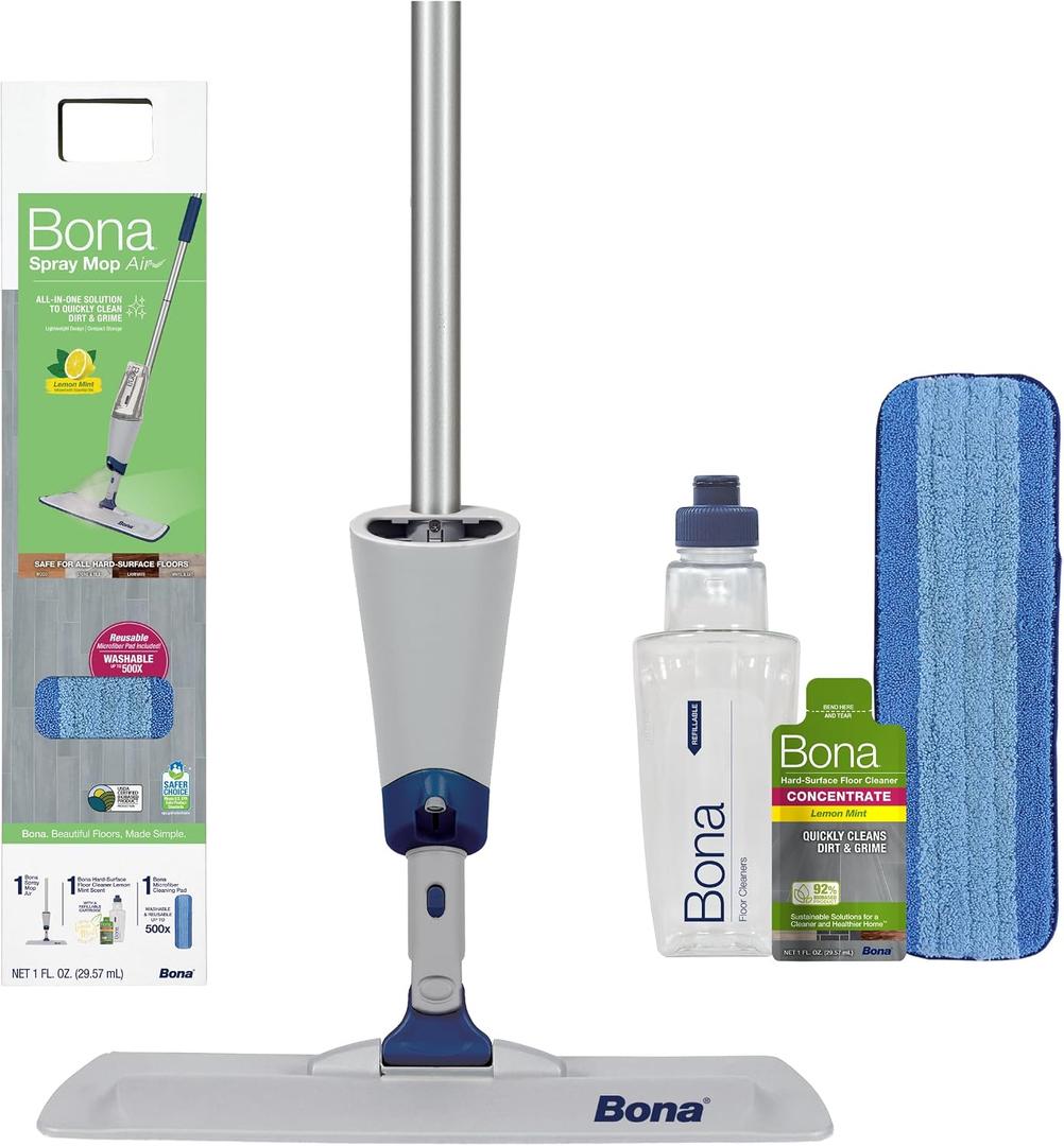 Bona Spray Mop Air - Includes Multi-Surface Floor Cleaner Concentrate and Microfiber Pad - Lemon Mint Scent - Lightweight & Compact Mop, 1 Count