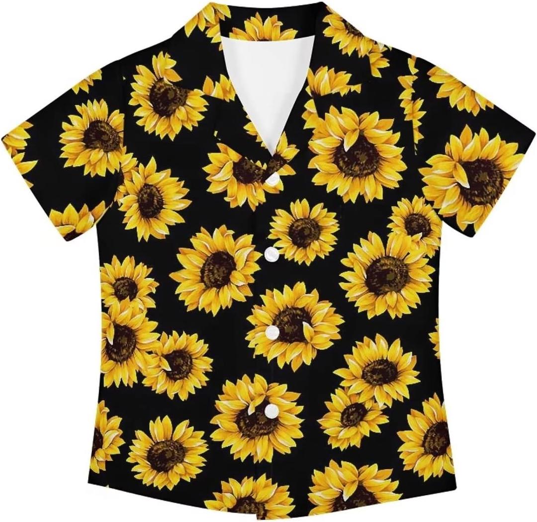 Cumagical Yellow Sunflower Print Birthday Shirt Boy Cute Hawaiian Shirts Button Up Shirt Teen Boy Casual Party Hawaiian Button Up 9-10