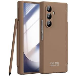 YQODSZ for Samsung Galaxy Z Fold 7 Case with S Pen Holder & Stylus, Z Fold7 Slim Case with Hinge Protection Screen Protector Thin Matte PC Full-Body Anti-Scratch Protective Cover for Z Fold 7 Brown