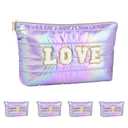 ARISTOTE Personalized Initial Quilted Makeup Bag, Large Cute Cosmetic Bag, Cotton Iridescent Travel Toiletry Organizer Bags, Gifts for Girl Girlfriend Teen Girls Gift Trendy Stuff (LOVE, purple)