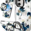 Case for iPhone 16 Case Compatible with Magsafe Ring Holder Stand - for Women Blue Flower Design TPU Phone Cover for Girls Girly Funny Fashion