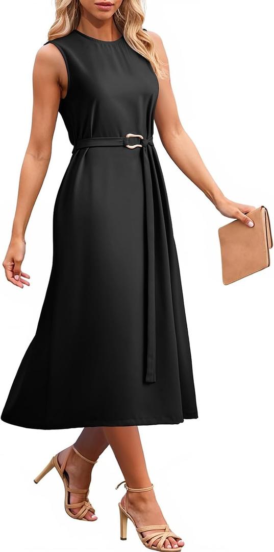 Dokotoo Womens Summer Dresses 2026 Sleeveless Crewneck Gold Buckle Tie Belt Back Slit Casual Elegant Midi Dress (XL)