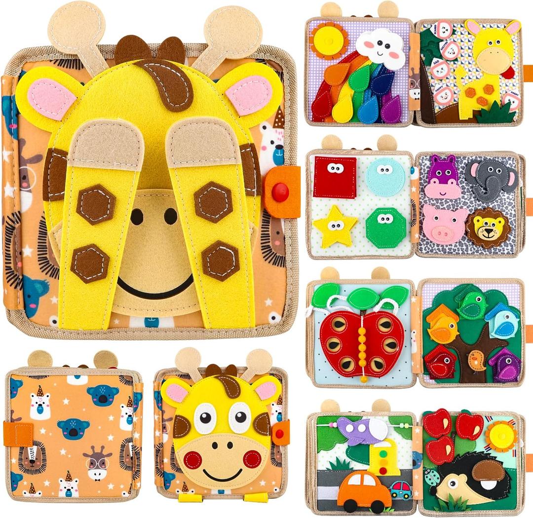 Giraffe Busy Book for Toddlers 1-3,Montessori Toys Toddler Busy Board for 1 Year Old, Felt Quiet Book Sensory Learning Activity Books, Airplane Car Travel Toys, Gifts for Boys Girls 1+