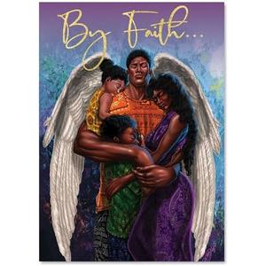 African American Christmas Cards – “By Faith” Boxed Set with Angel & Family Design – 15 Embossed 5x7 Cards with Foil-Lined Envelopes & Gold Sticker Seals – Holiday Greeting