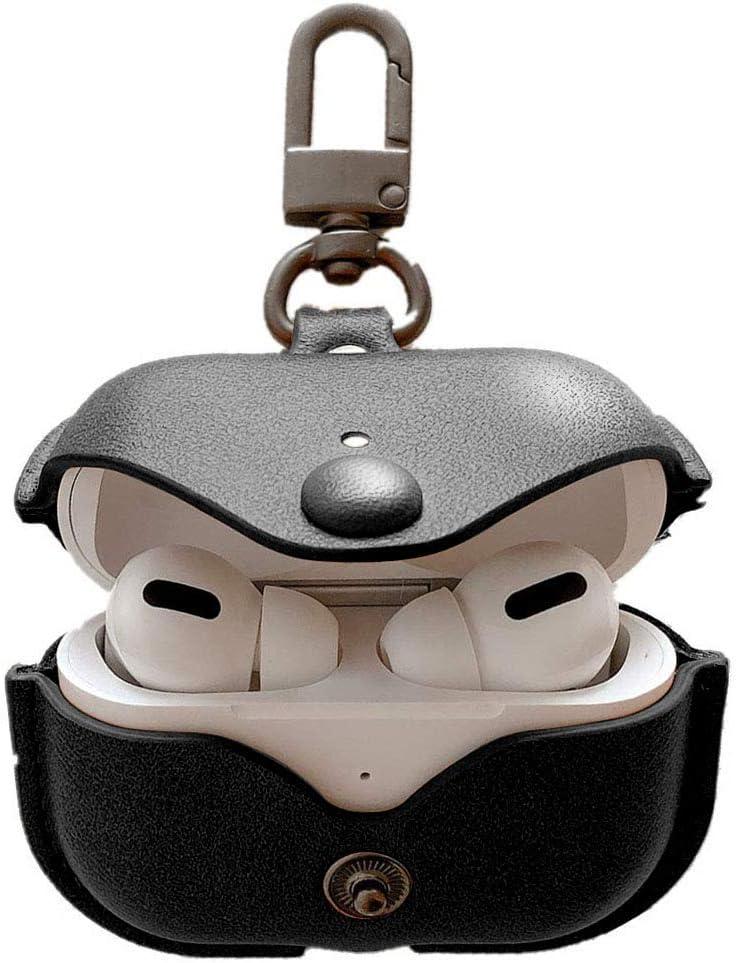 Genuine Leather Case Compatible with AirPods Pro Case 2nd/1st Gen (2023/2022/2019), VOMA Protective Cover for Apple AirPods Pro 2/Pro Wireless Charging Case with Keychain and Snap Lock Black