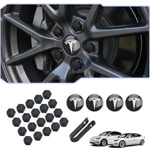 Black & Silver Car Wheel Center Cap Kit Compatible for Tesla 3 & Model Y  4 Hub Center Caps + 22 Lug Nut Covers