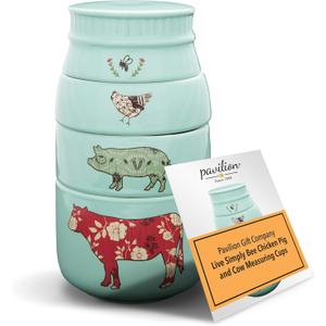 Pavilion Gift Company - 'Live Simply Bee, Chicken, Pig, and Cow' - 4-Piece Stoneware Measuring Cups Set, Sturdy Farmhouse-Style Kitchenware for Home Baking, Cooking, Gifting - Teal, 8 Ounces