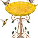Vintage Metal Bird Bath for Outside, 13" Dia Birdbaths Bowl with Cast Iron Pedestal, Large Antique Bird Feeder with Folding Bracket for Outdoors Garden Patio Yard Decor (Retro Yellow)