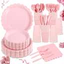 LIYH 350 Pcs Pink Paper Plates and Napkins - 50 Guest Light Pink Party Supplies Include Easter Scalloped Plates Cups Plastic Spoons Forks Knives for Baby Shower Birthday Party,Easter