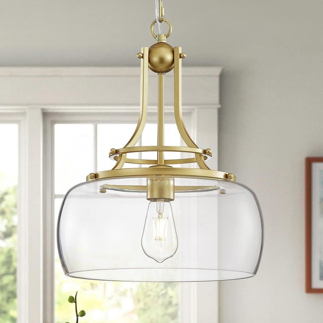 WUZUPS Chandelier Rustic Farmhouse Industrial Round Ceiling Pendant LED Light Fixture with Clear Glass Shades for Dining Room Kitchen Island Foyer Entryway, H 17" x W 13.4", E26 Base, Gold WUZUPS Chandelier Rustic Farmhouse Industrial Round Ceiling Pendant LED Light Fixture with Clear Glass Shades for Dining Room Kitchen Island Foyer Entryway, H 17" x W 13.4", E26 Base, Gold