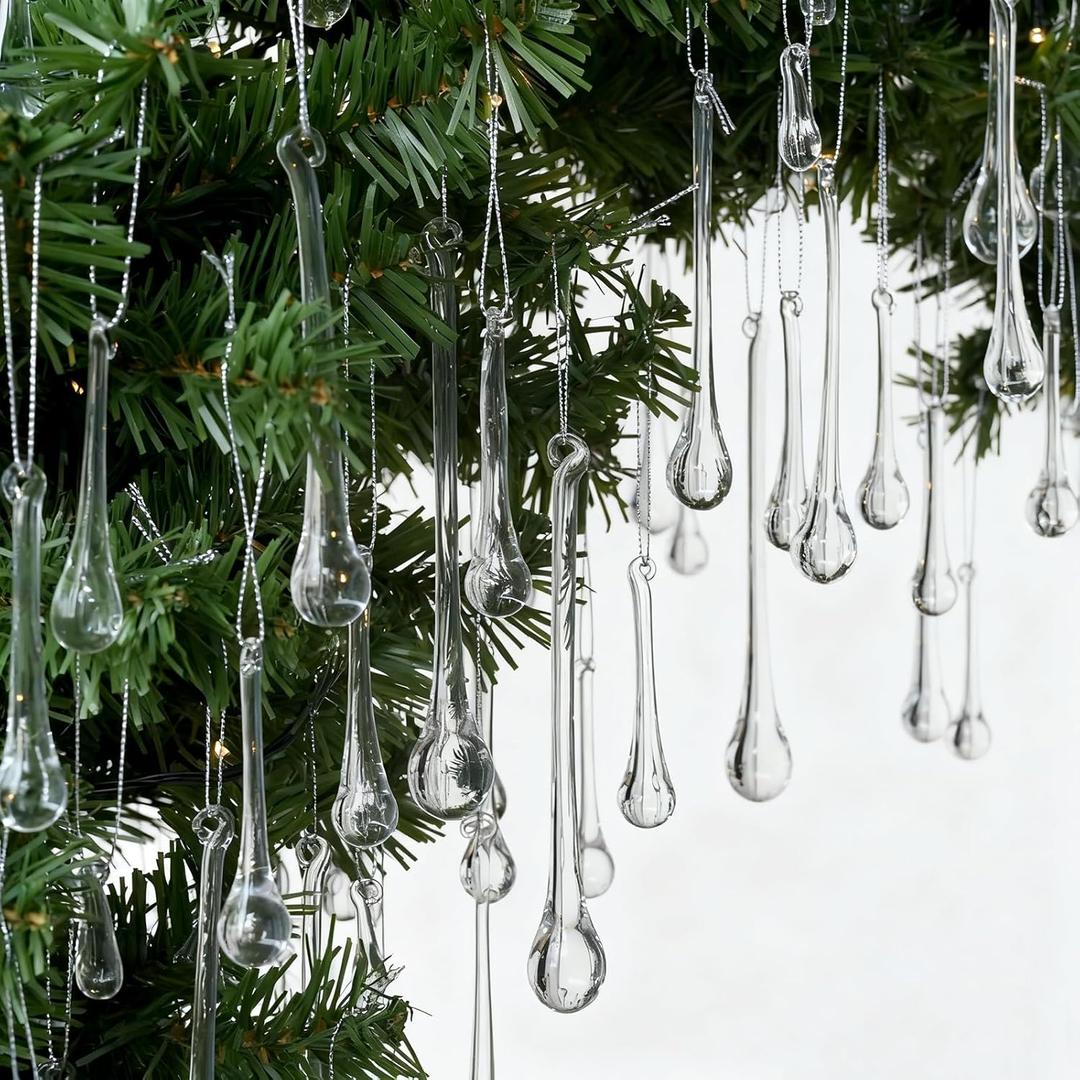 OuMuaMua 64 Pcs Glass Raindrop Christmas Ornaments Crystal Teardrop Hanging Ornaments Clear Chandelier Drop Pendant Decorations for Christmas Tree Winter New Year Party Supplies Home Decor