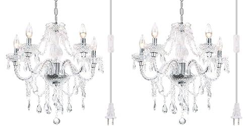 2PCS Plug-in 5 Light Crystal Hanging Pendant Lights Acrylic Chandelier with Clear Cord & On/ Off Switch H19 D19.7 for Kitchen Island Girls' Room Dining Area Laundry Pavilion