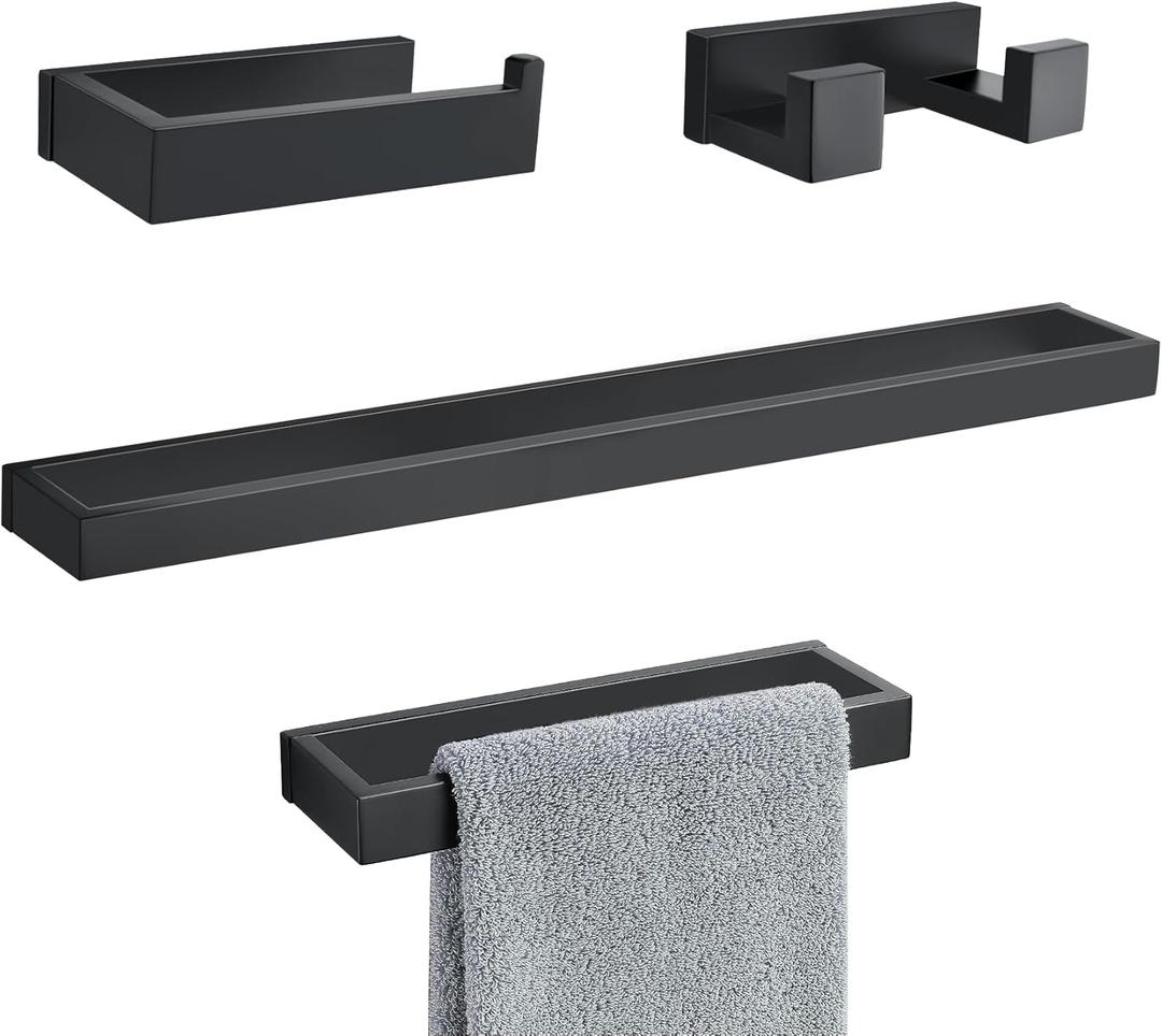 Lairuier 4-Piece Bath Towel Bar Set, Matte Black Bathroom Hardware Set Including Towel Bar,Towel Holder, Toilet Paper Holder, Towel Hook,Stainless Steel Bathroom Hardware Accessories Set