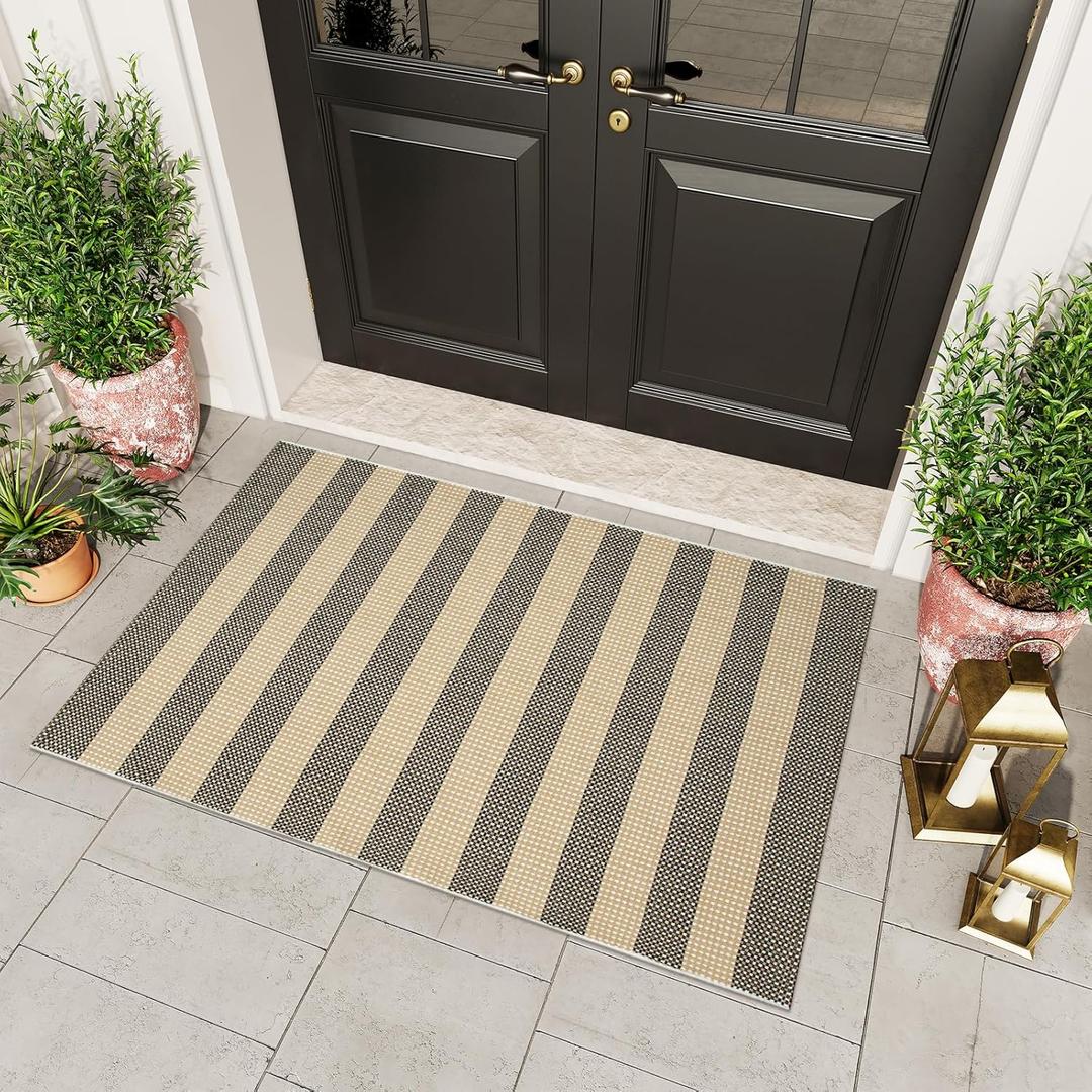 OJIA Tan Washable Outdoor Rug 3'x5', Front Door Mat Outside Entrance Cotton Woven Layered Doormat Indoor Outdoor Rugs Striped Entryway Rugs Small Outdoor Door Mats for Porch Patio Kitchen Entry (Tan/Black/White)