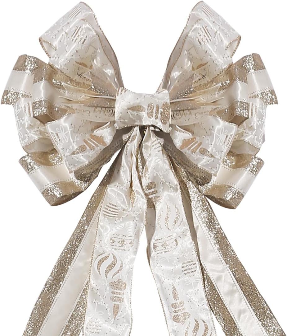 Christmas Tree Topper Bow Flower, Glitter Mesh Ribbon Patterns and Cute Flower Design, 50 X 12 Inch Christmas Decor Handmade Bow for Home, Wedding, Birthday Party, Holiday Decor (Champagne Gold)