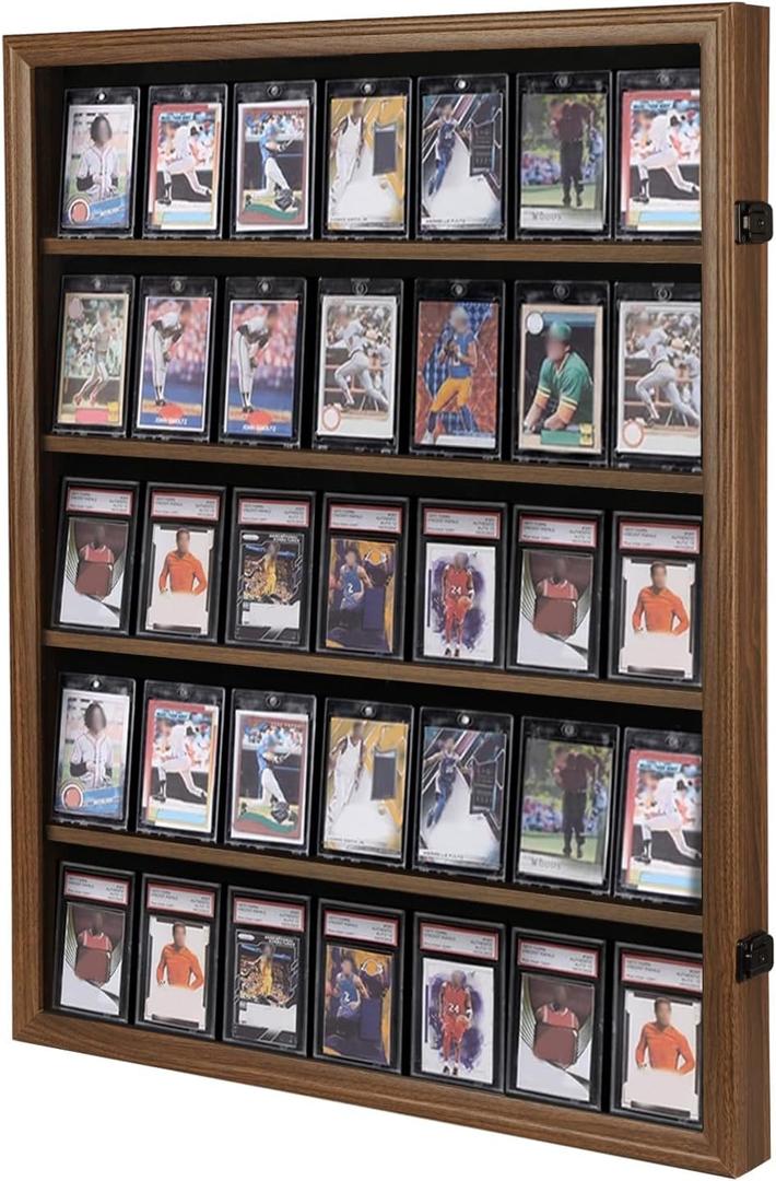 KCRasan 35 Graded Sports Card Display Case - Baseball Card Display Case Lockable - Trading Card Collector Wall Display Holder for Basketball Football Cards, UV Protection Acrylic, Walnut
