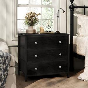 BOLUO Black Nightstand with Fabric Drawers, Large Night Stand 3 Drawer Dresser for Bedroom, Closet, Kids, Girls Modern, 15"D x 27"W x 28.3"H