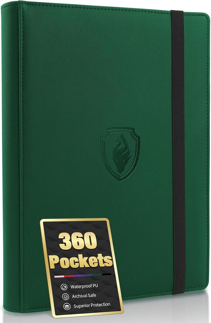 Premium 9 Pocket Card Binder for 360 Cards, Fabmaker PU Cover Trading Card Binder, Sturdy Card Collection Album, Sleek Card Holder Folders for Game Cards & Sports Cards, Dark Green