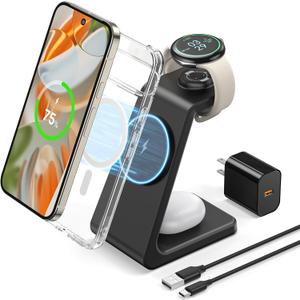 3 in 1 Magnetic Wireless Charger for Google Pixel Watch 3/2, Compatible with MagSafe, Fast Charging Stand with Adapter for Pixel 10/10 Pro Fold/10 Pro XL/9a/9/8/7/6 Pro, Buds(Not for Pixel Watch 4/1)