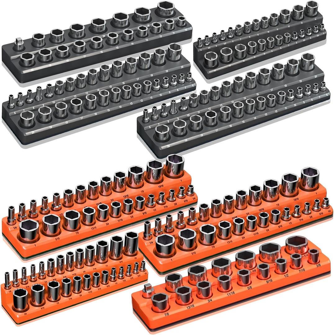 Magnetic Socket Organizer Holder Set 8-Piece Tool Organizers Including 1/4", 3/8" and 1/2" Drive Socket Holder Metric & SAE 207 Pieces Socket Trays (Sockets are not Included)