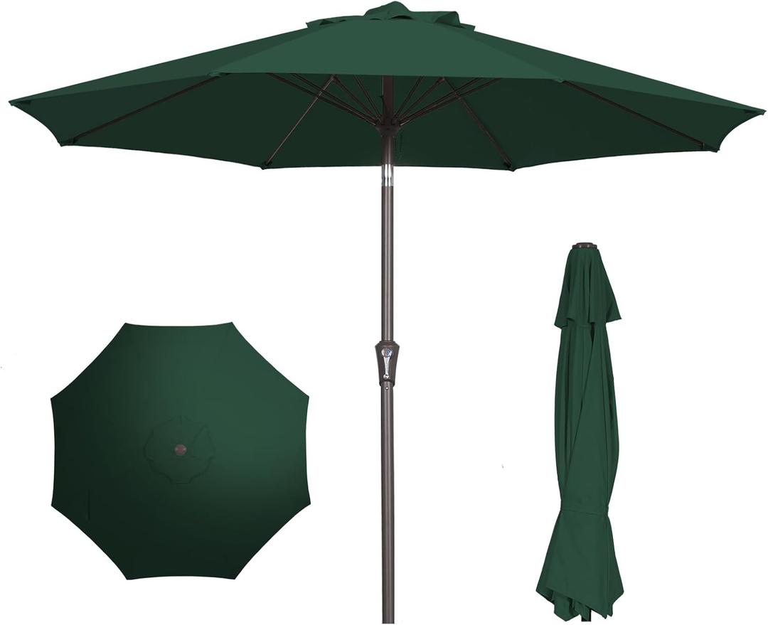 PatioKingdom 9FT Patio Outdoor Umbrella-UPF 50+ Sun Shade with Wind Vent, Push-Button Tilt & Smooth Crank Lift, Rust-Resistant Fiberglass Frame for Garden, Backyard,Yard (Dark Green)